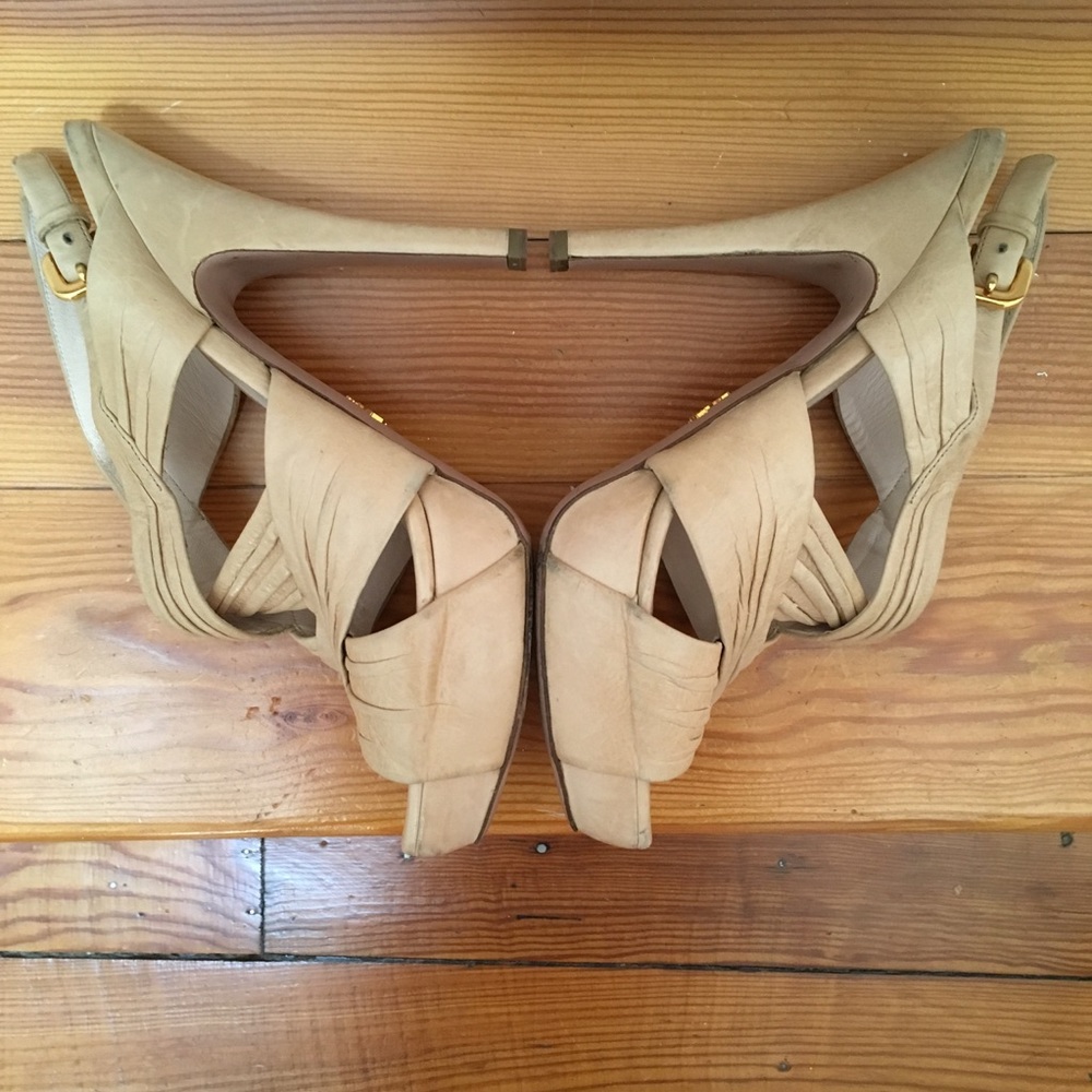 Prada Platform Heels Sandals Crisscross Ruched Slingback Nude Beige size 39.5 - Picture 7 of 16